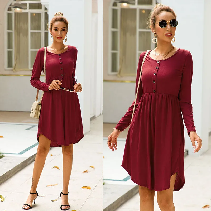 New Autumn Women's Round Neck Button Long-sleeved Slim Dress