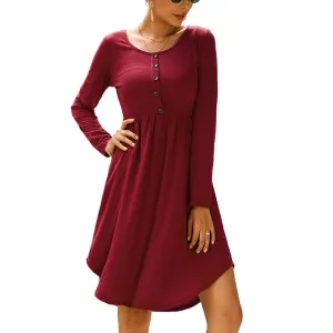 New Autumn Women's Round Neck Button Long-sleeved Slim Dress