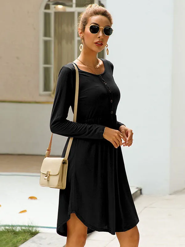 New Autumn Women's Round Neck Button Long-sleeved Slim Dress