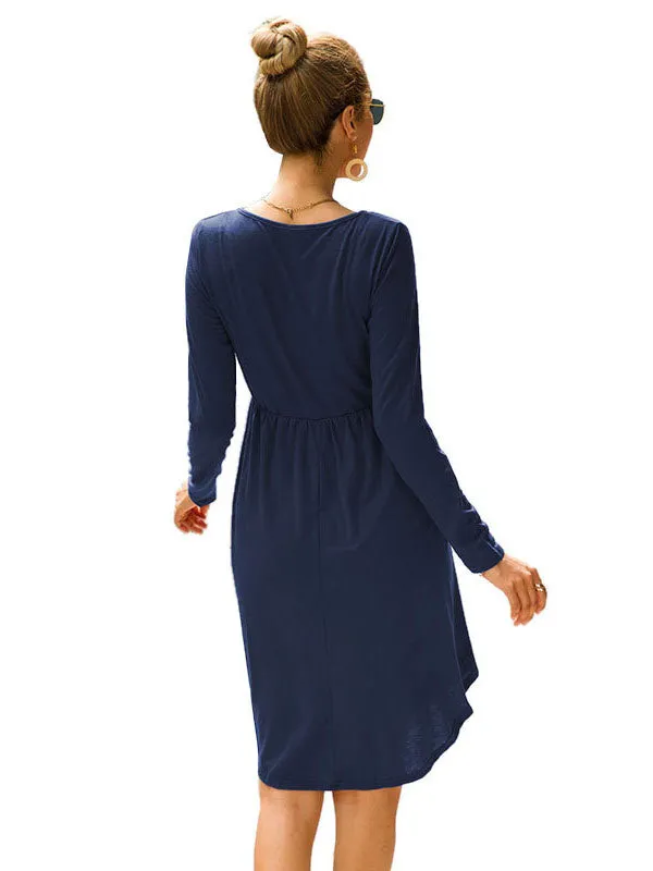 New Autumn Women's Round Neck Button Long-sleeved Slim Dress