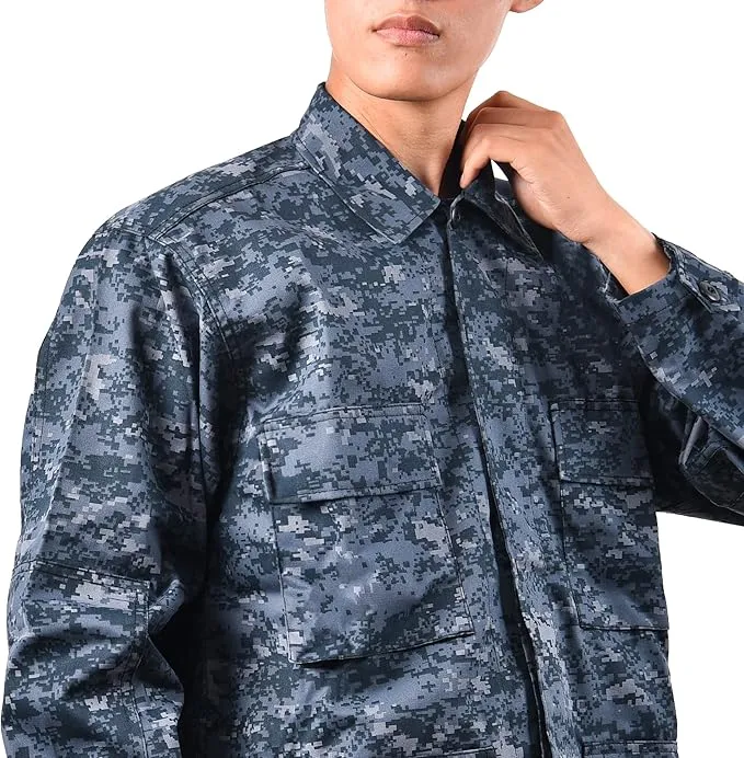 NEW BACKBONE Mens Army Military Battle Dress Uniform BDU Shirt Camo Top Jacket, Midnight Blue/Grey Digital, Sz L