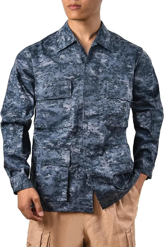 NEW BACKBONE Mens Army Military Battle Dress Uniform BDU Shirt Camo Top Jacket, Midnight Blue/Grey Digital, Sz L