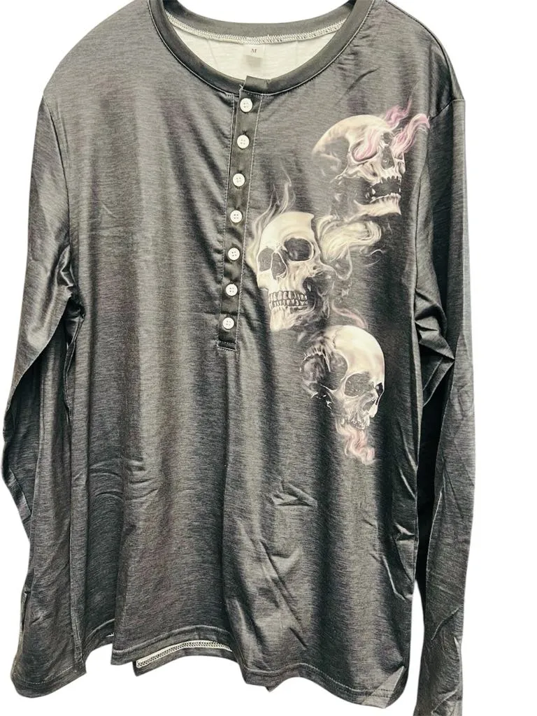 New Men's Skull Print Henley, lightweight Sz M