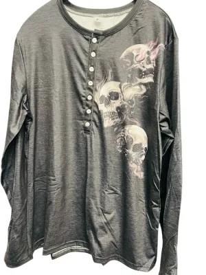 New Men's Skull Print Henley, lightweight Sz M