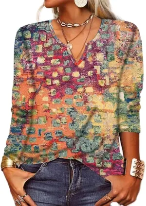 NEW Women's Colorful Boho Floral Printed Long Sleeve V Neck Dressy Casual Blouse Vintage Ethnic Shirt, Sz L