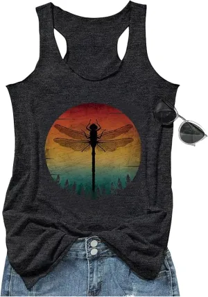 NEW Womens Dragonfly Vintage Graphic Racerback Tank Tops Summer Casual Loose O-Neck Tanks Vest Vacation Classic-Fit Shirt Cami, Sz L