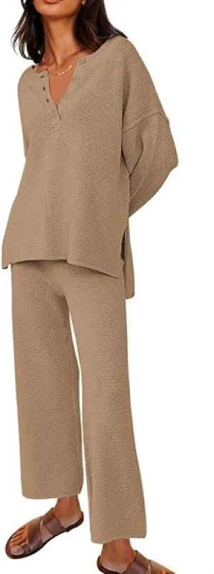 NEW Yeooa Women's Lounge Sweater Fashion Loose Casual Waffle Knit, TOP ONLY, Khaki, Sz M
