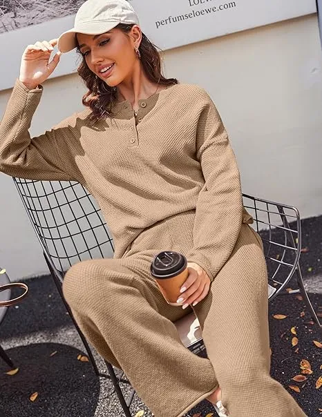 NEW Yeooa Women's Lounge Sweater Fashion Loose Casual Waffle Knit, TOP ONLY, Khaki, Sz M