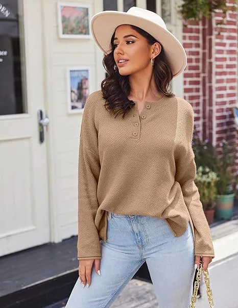 NEW Yeooa Women's Lounge Sweater Fashion Loose Casual Waffle Knit, TOP ONLY, Khaki, Sz M