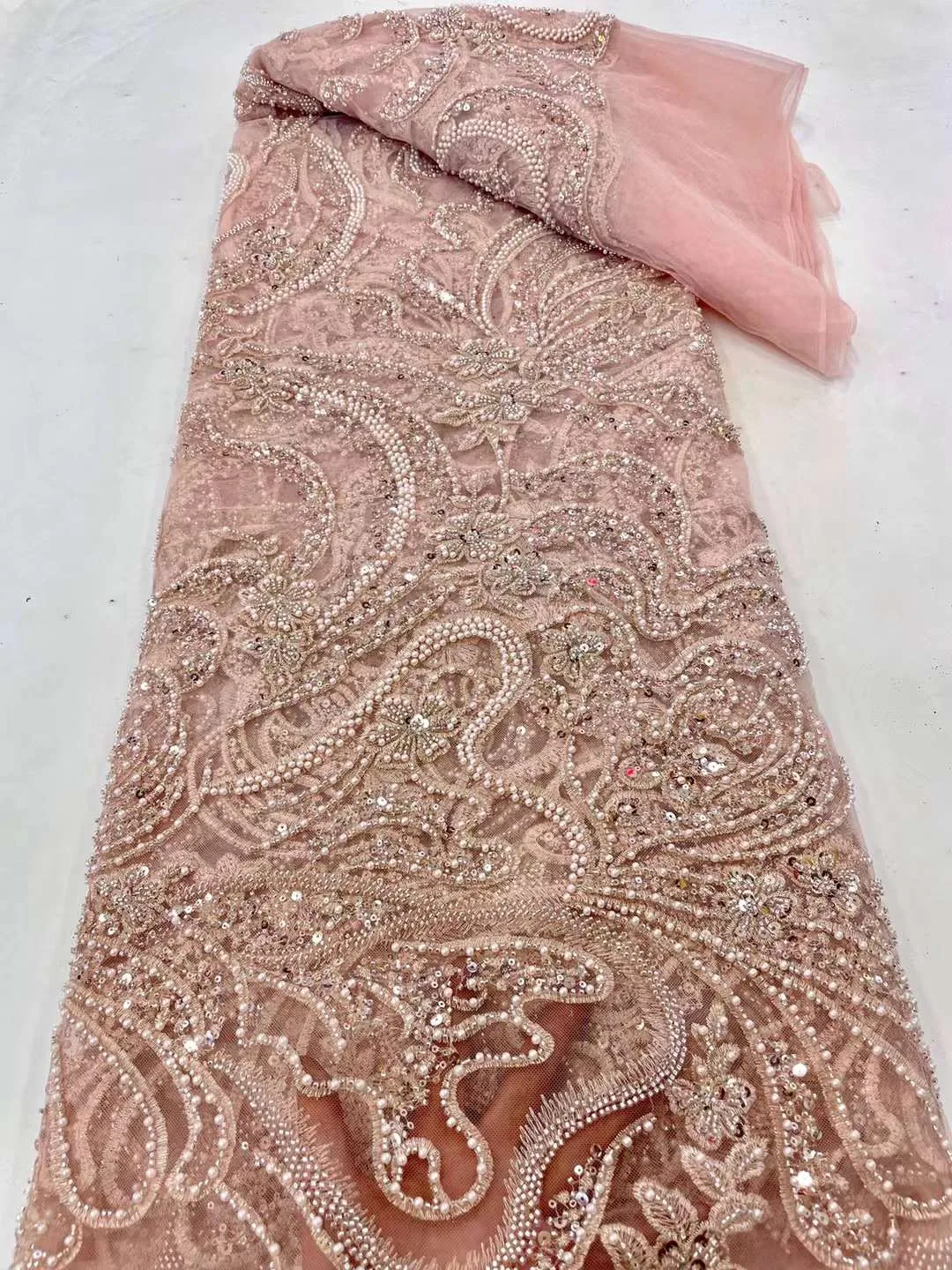 Nigerian Sequin Fabrics Beaded Lace Fabric Purple Embroidered Tulle Fabric African Lace Fabric for