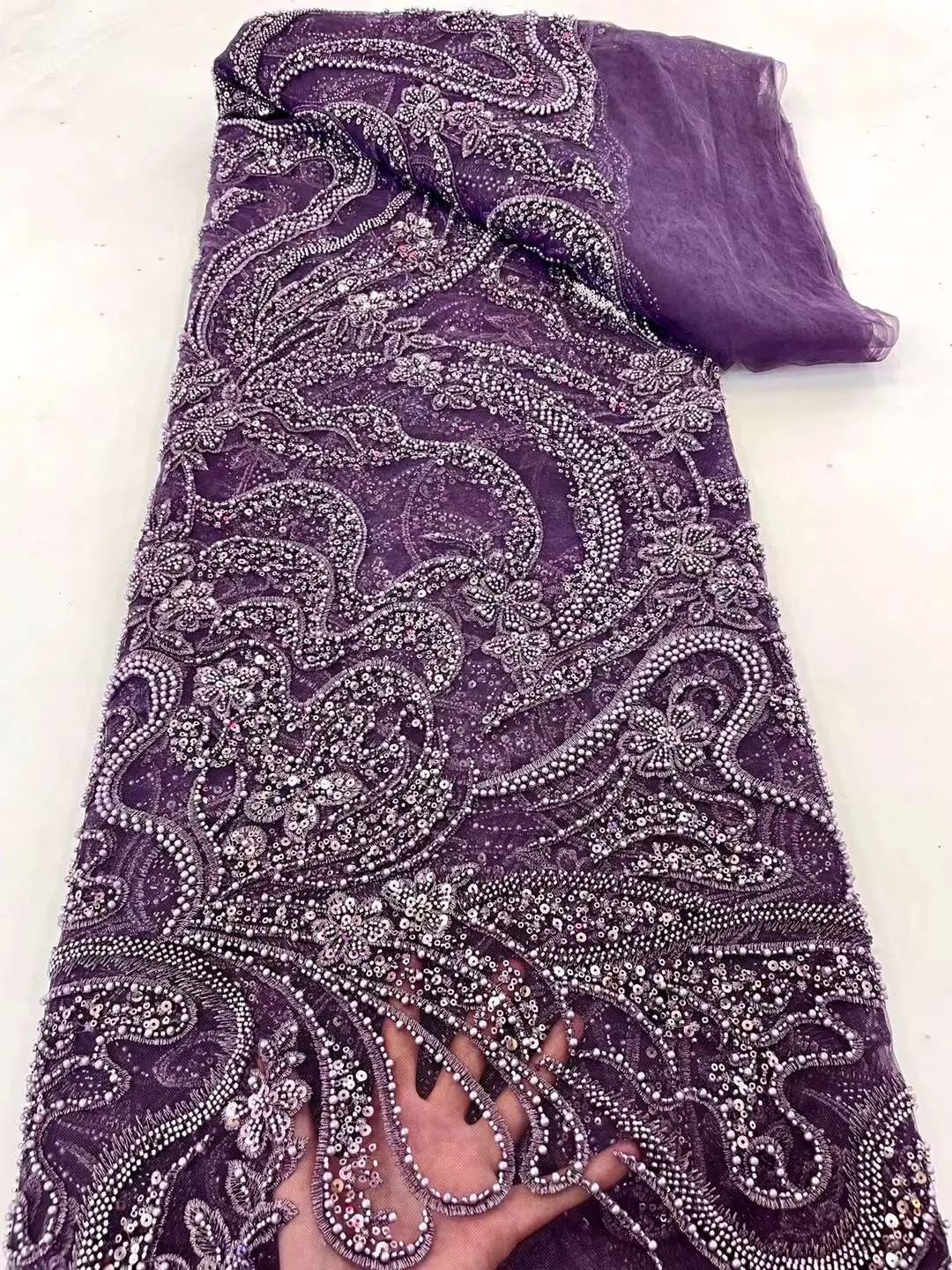Nigerian Sequin Fabrics Beaded Lace Fabric Purple Embroidered Tulle Fabric African Lace Fabric for