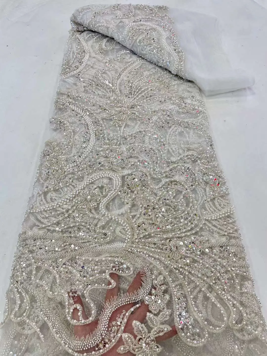 Nigerian Sequin Fabrics Beaded Lace Fabric Purple Embroidered Tulle Fabric African Lace Fabric for