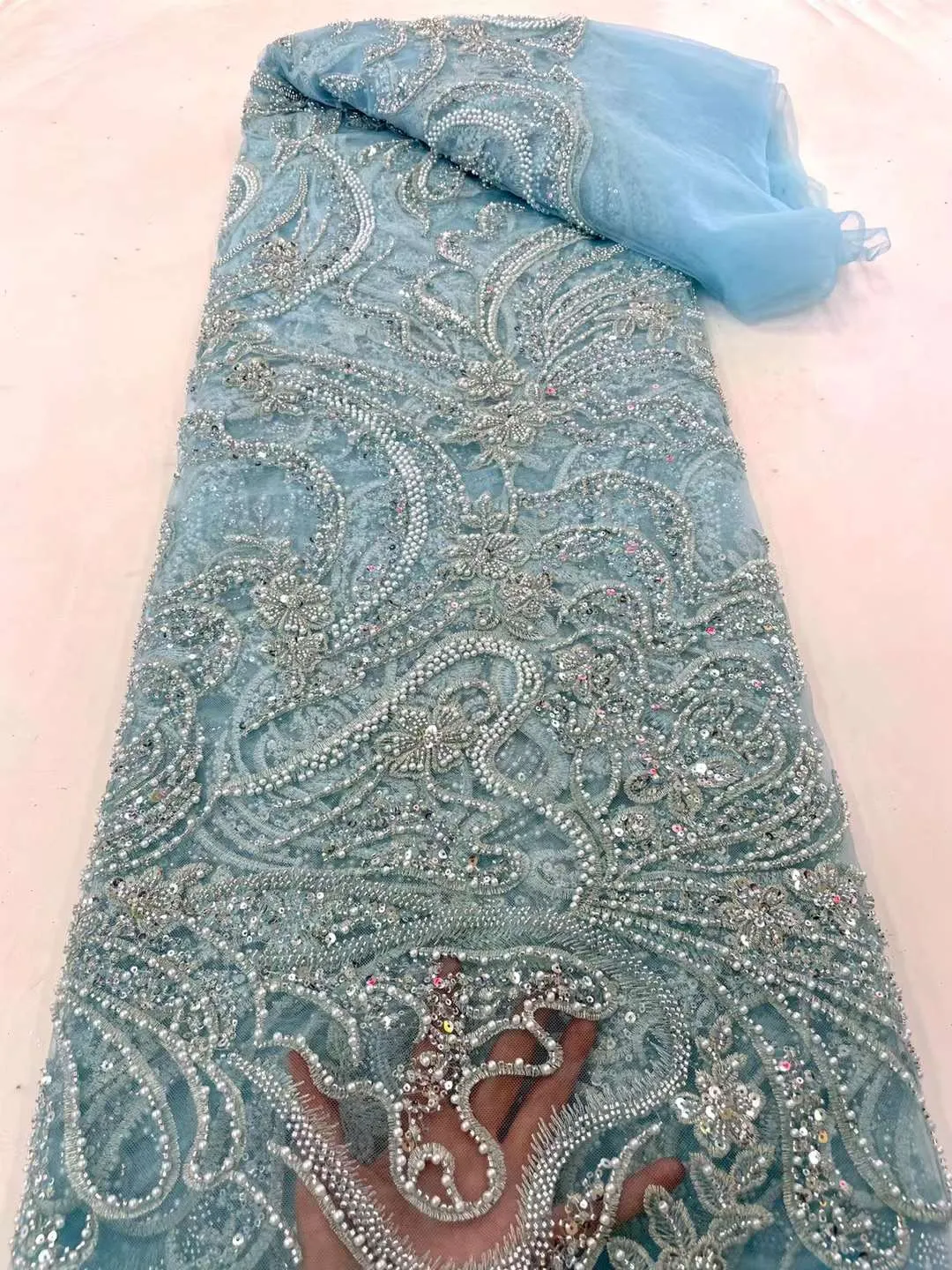 Nigerian Sequin Fabrics Beaded Lace Fabric Purple Embroidered Tulle Fabric African Lace Fabric for