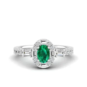 Oval Emerald with Halo Round and Baguette Diamond Ring