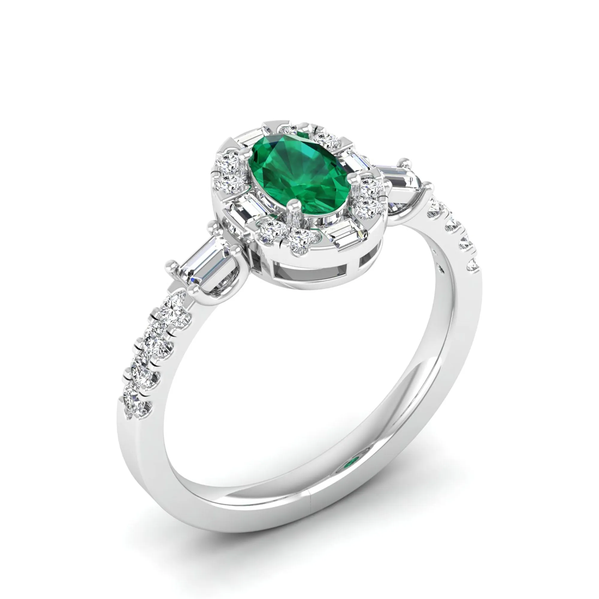 Oval Emerald with Halo Round and Baguette Diamond Ring