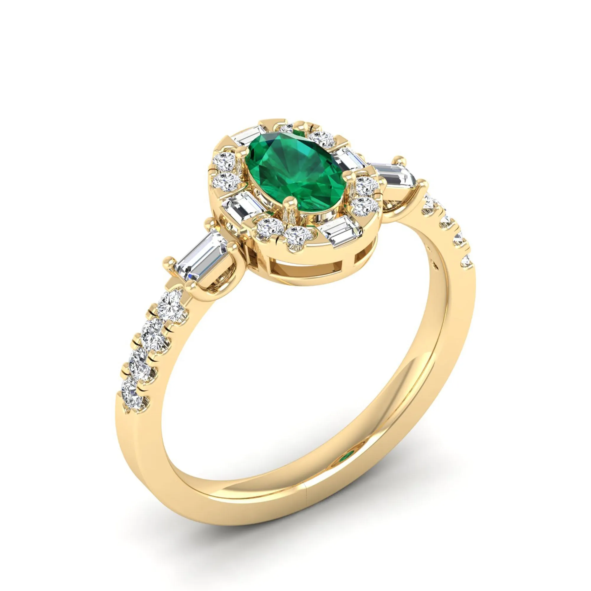 Oval Emerald with Halo Round and Baguette Diamond Ring