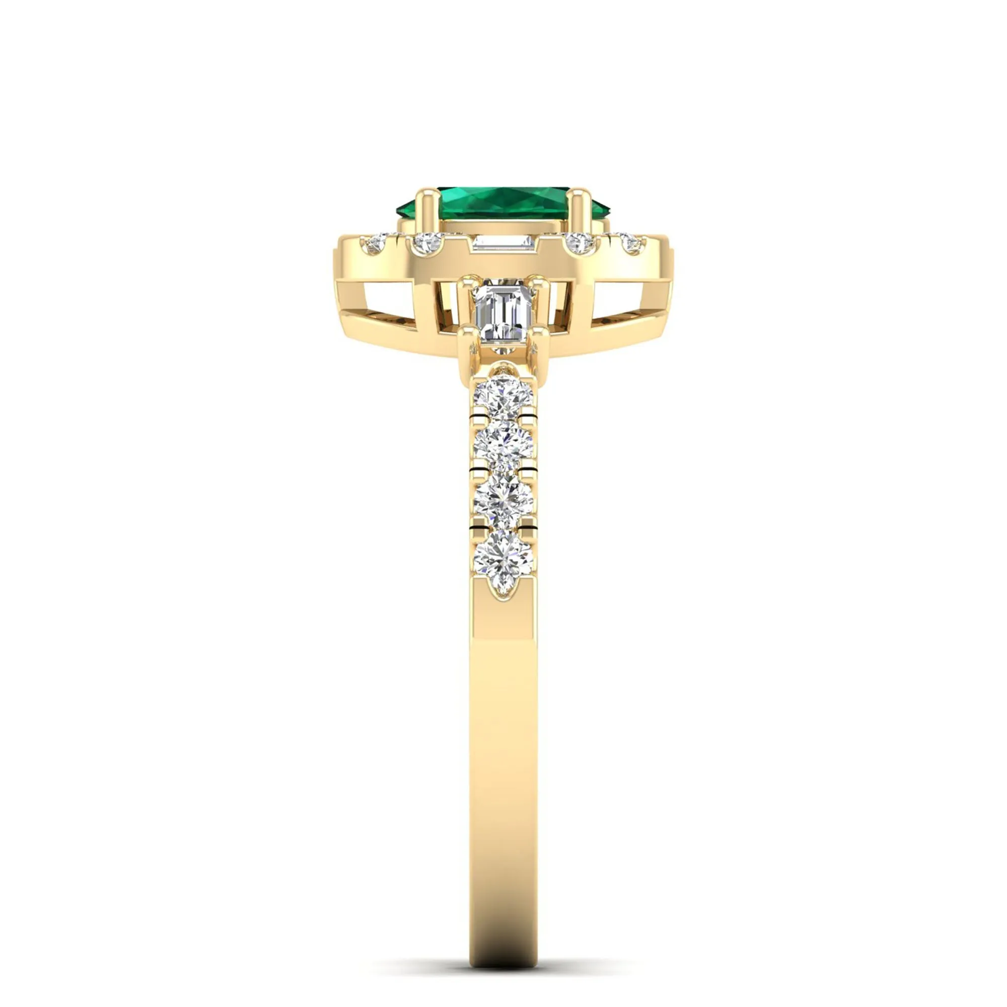 Oval Emerald with Halo Round and Baguette Diamond Ring