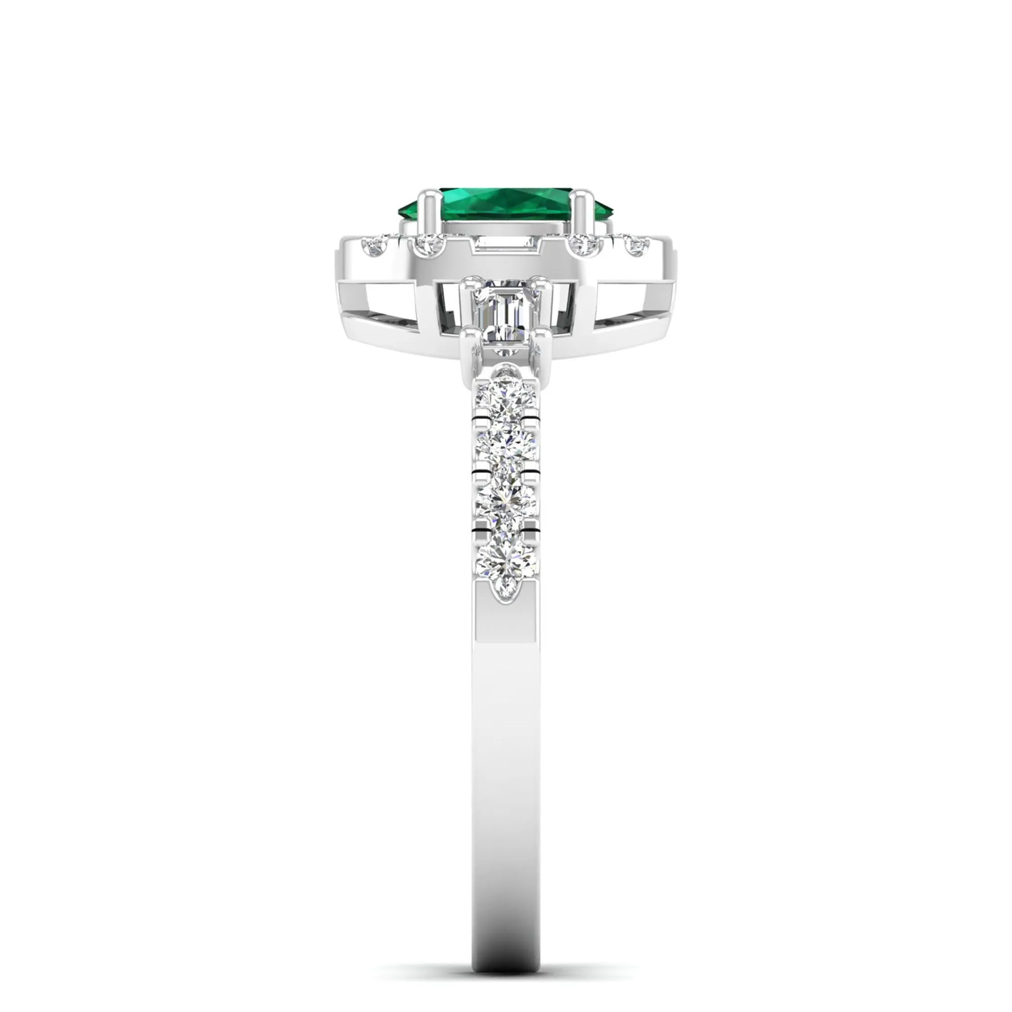 Oval Emerald with Halo Round and Baguette Diamond Ring