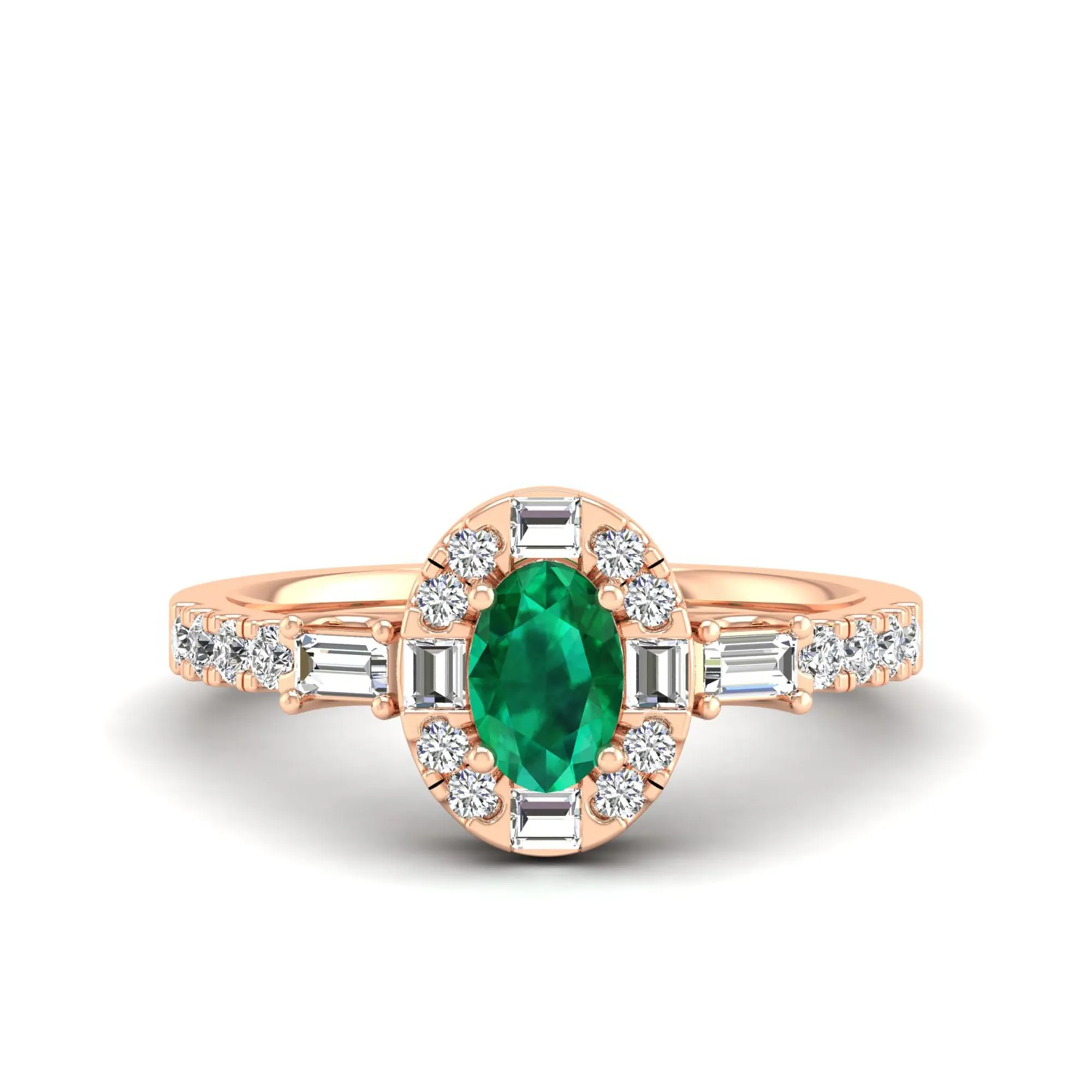 Oval Emerald with Halo Round and Baguette Diamond Ring