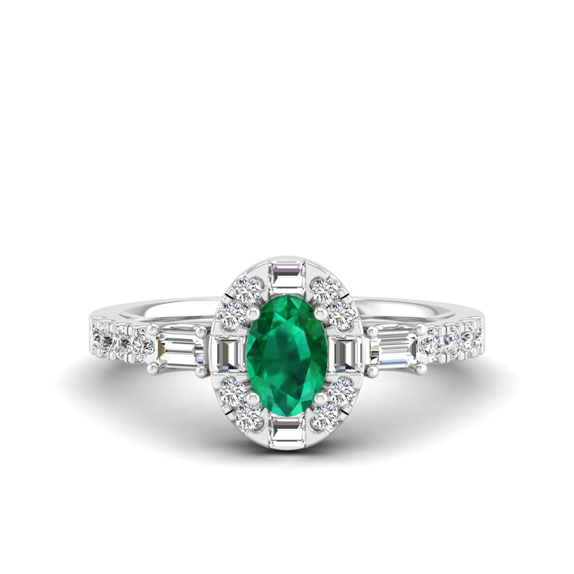 Oval Emerald with Halo Round and Baguette Diamond Ring