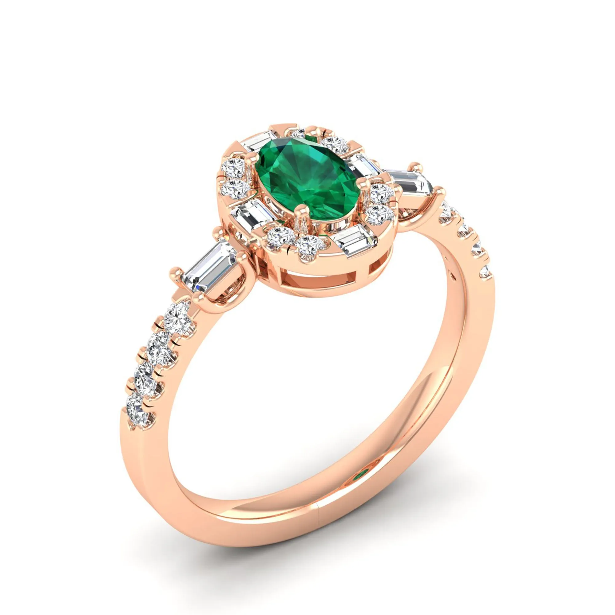 Oval Emerald with Halo Round and Baguette Diamond Ring