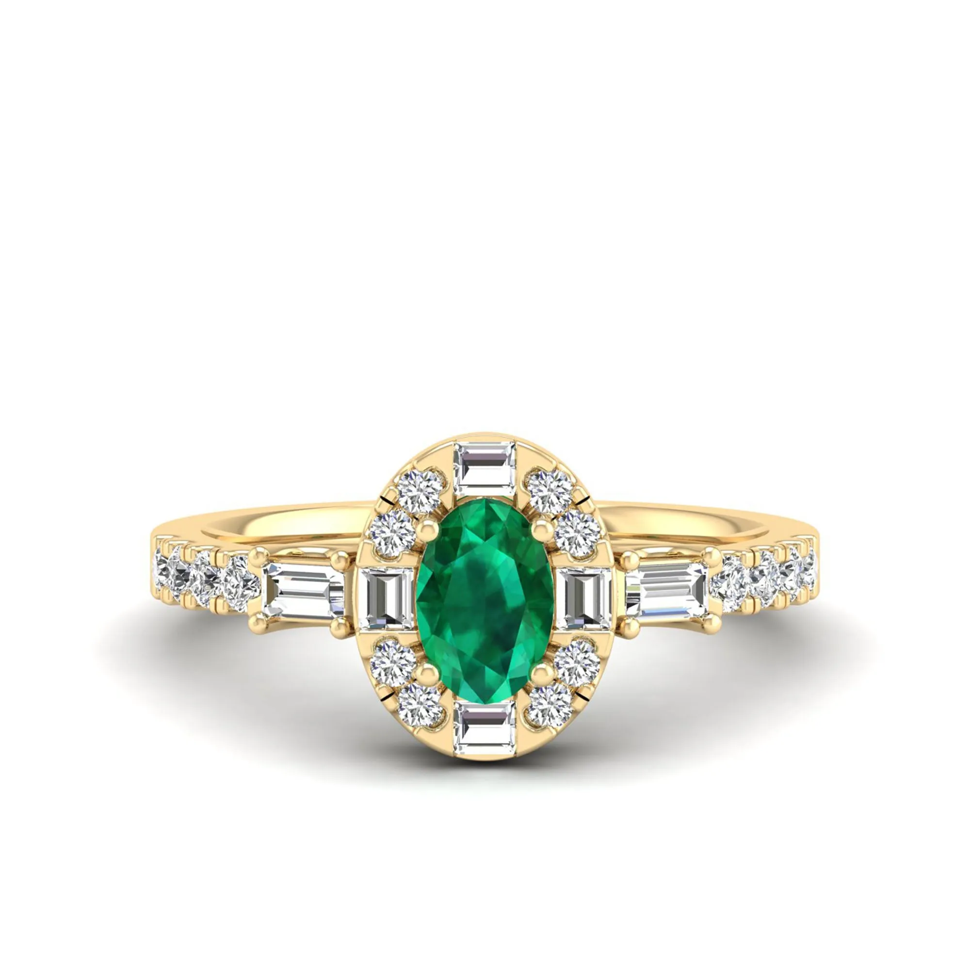 Oval Emerald with Halo Round and Baguette Diamond Ring