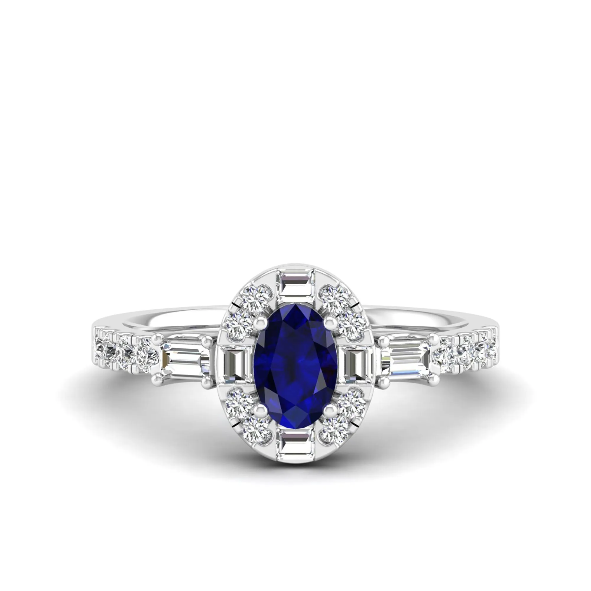 Oval Sapphire with Halo Round and Baguette Diamond Ring