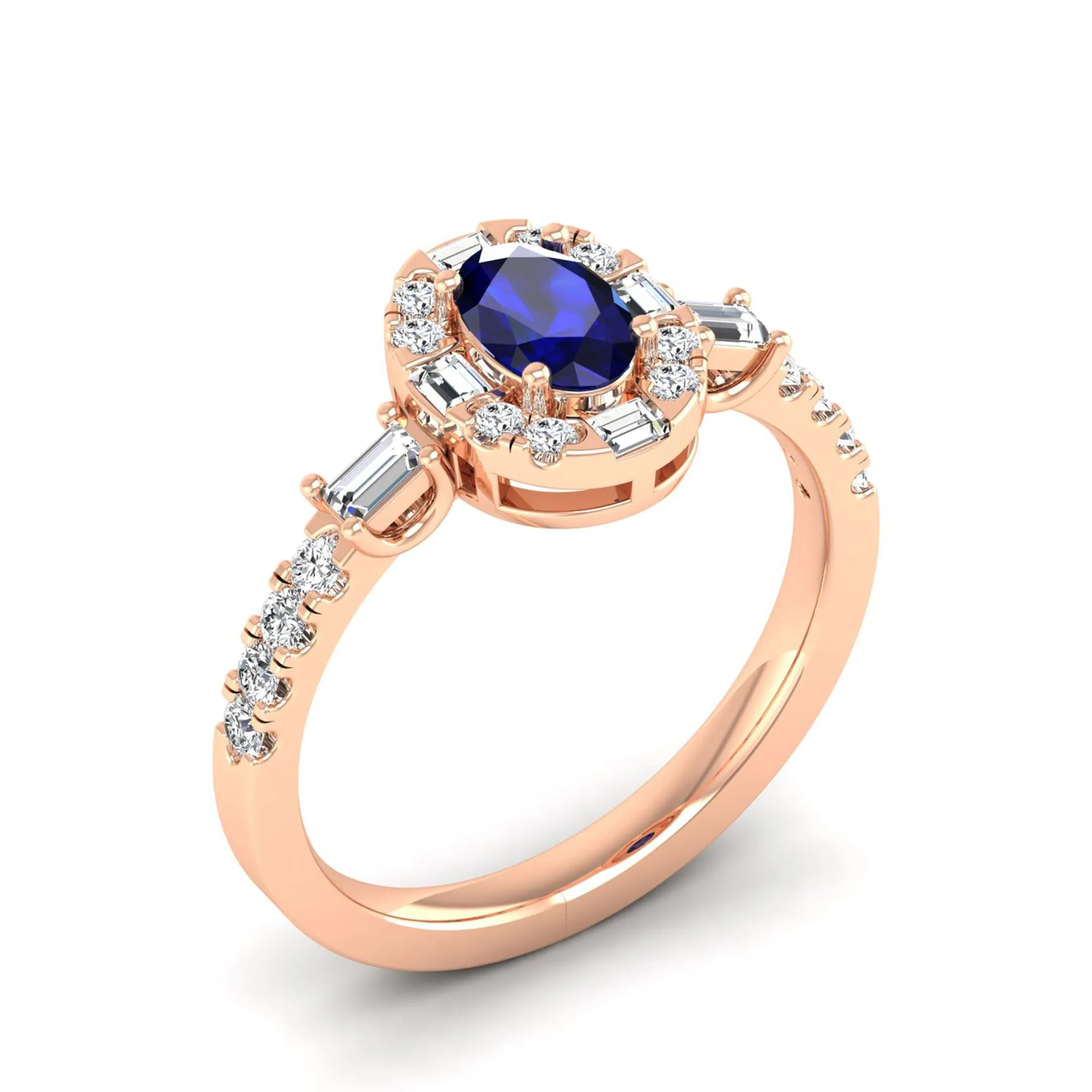 Oval Sapphire with Halo Round and Baguette Diamond Ring