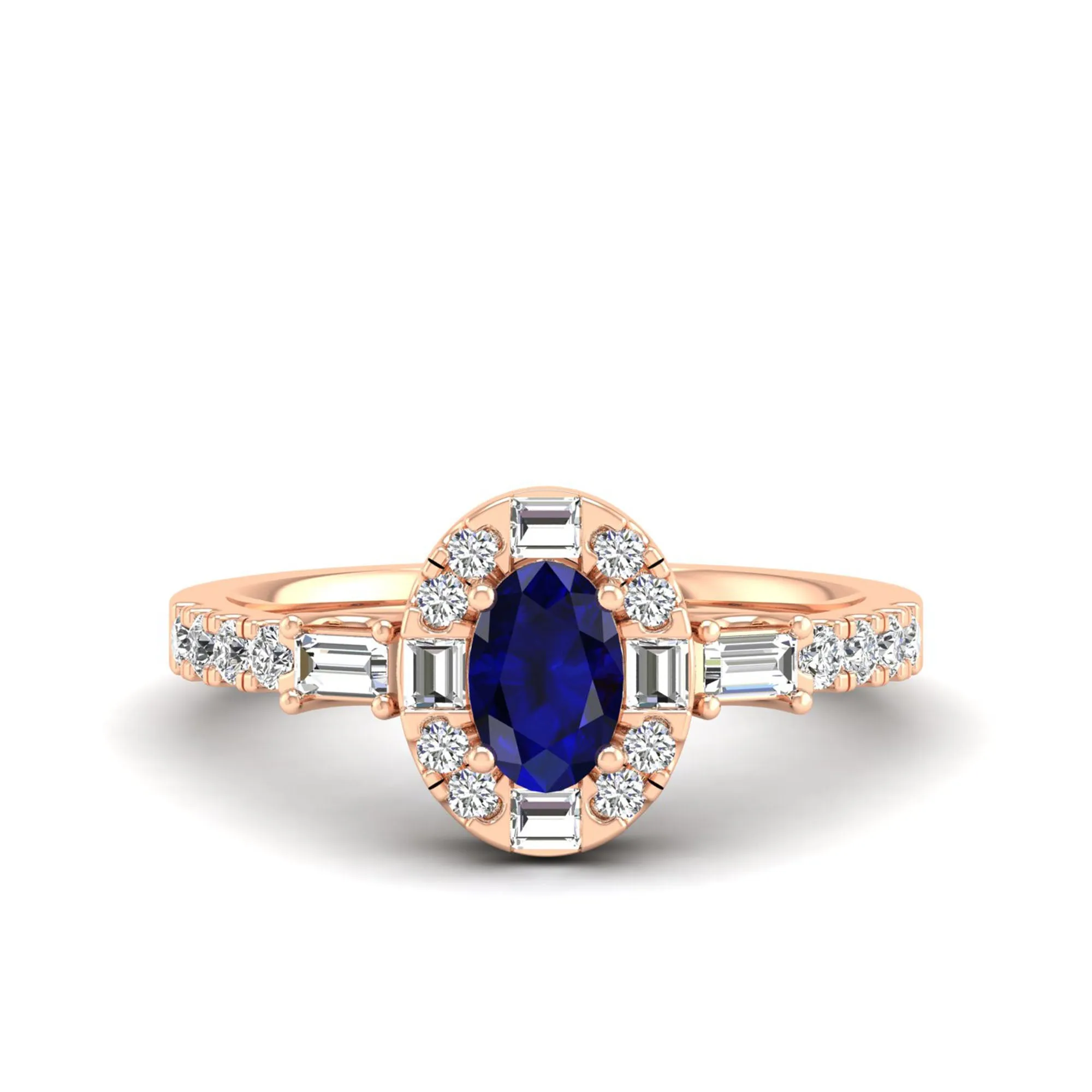 Oval Sapphire with Halo Round and Baguette Diamond Ring