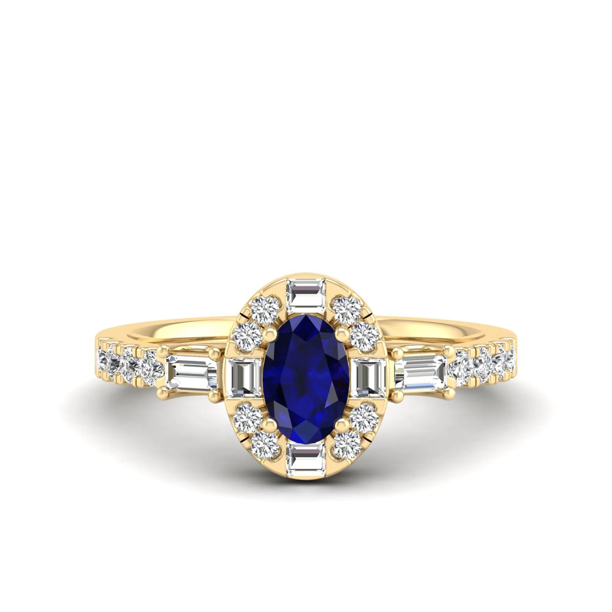 Oval Sapphire with Halo Round and Baguette Diamond Ring