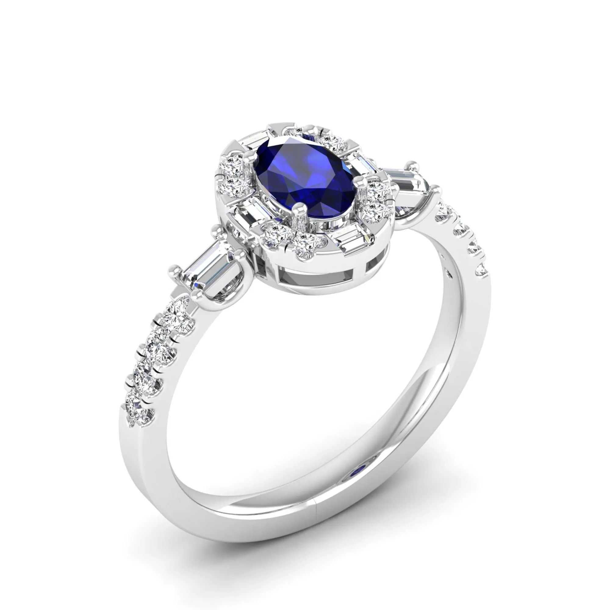 Oval Sapphire with Halo Round and Baguette Diamond Ring