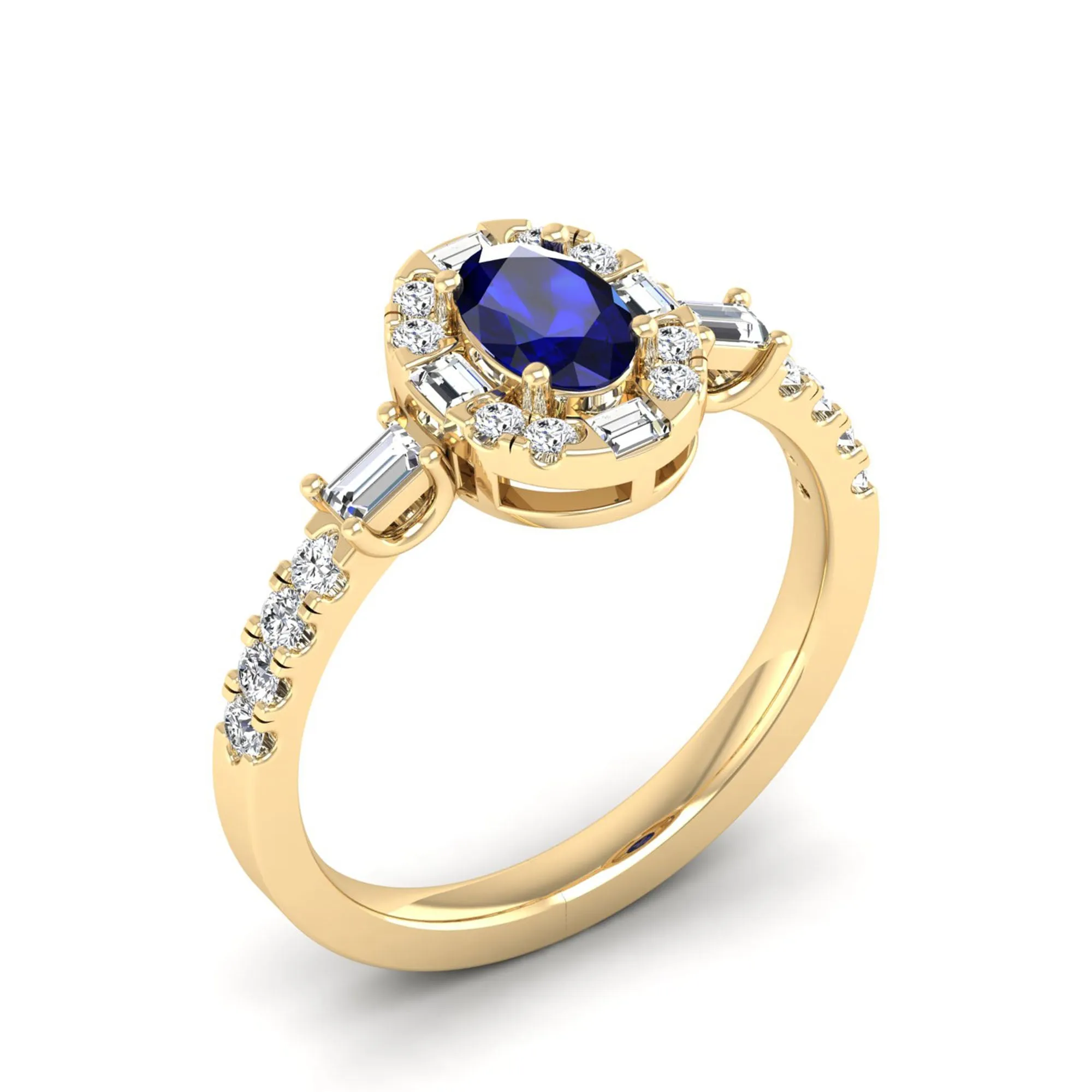 Oval Sapphire with Halo Round and Baguette Diamond Ring