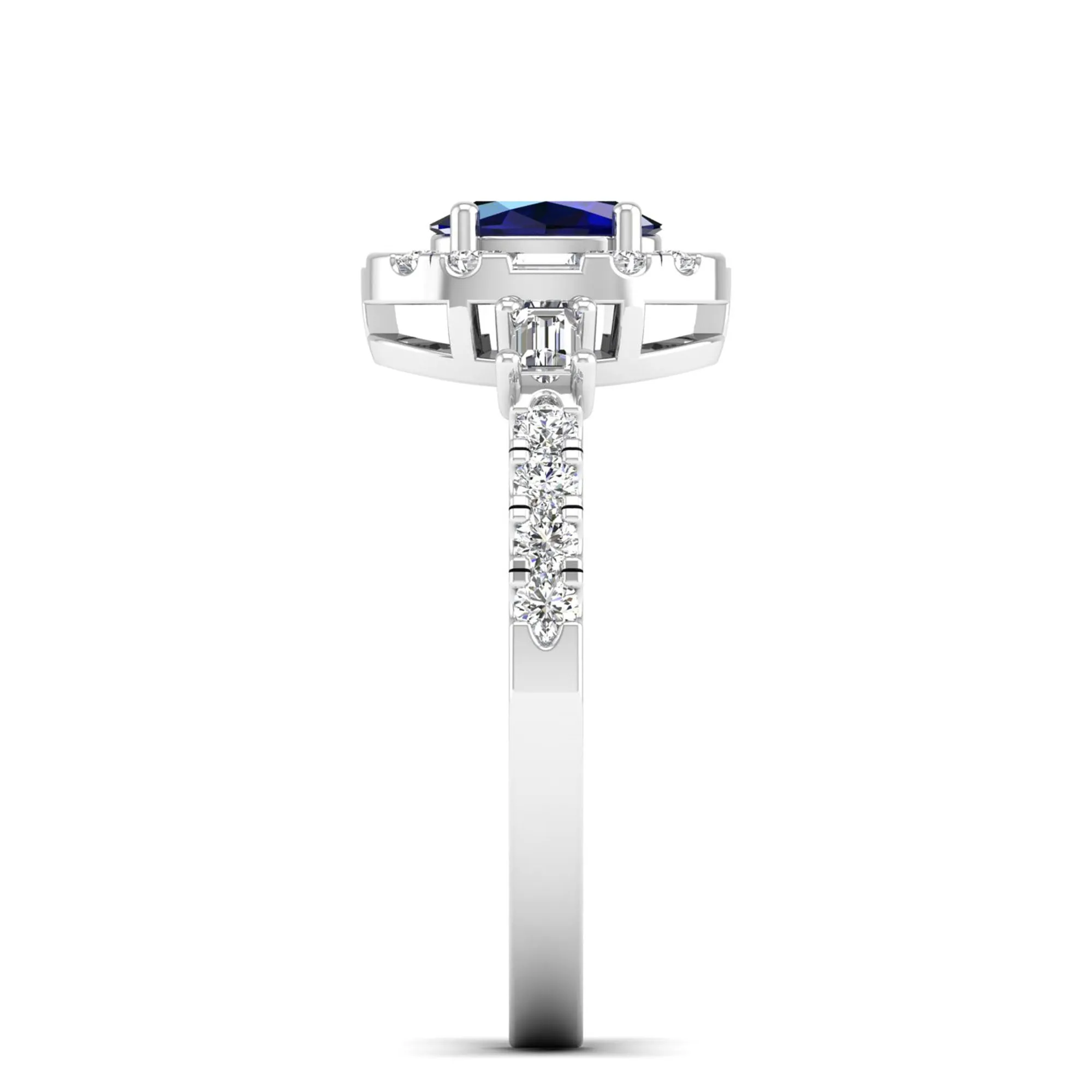 Oval Sapphire with Halo Round and Baguette Diamond Ring
