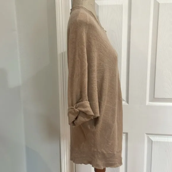 Oversize pullover sweater wool 3/4 cuffed sleeve round neck boxy beige w…