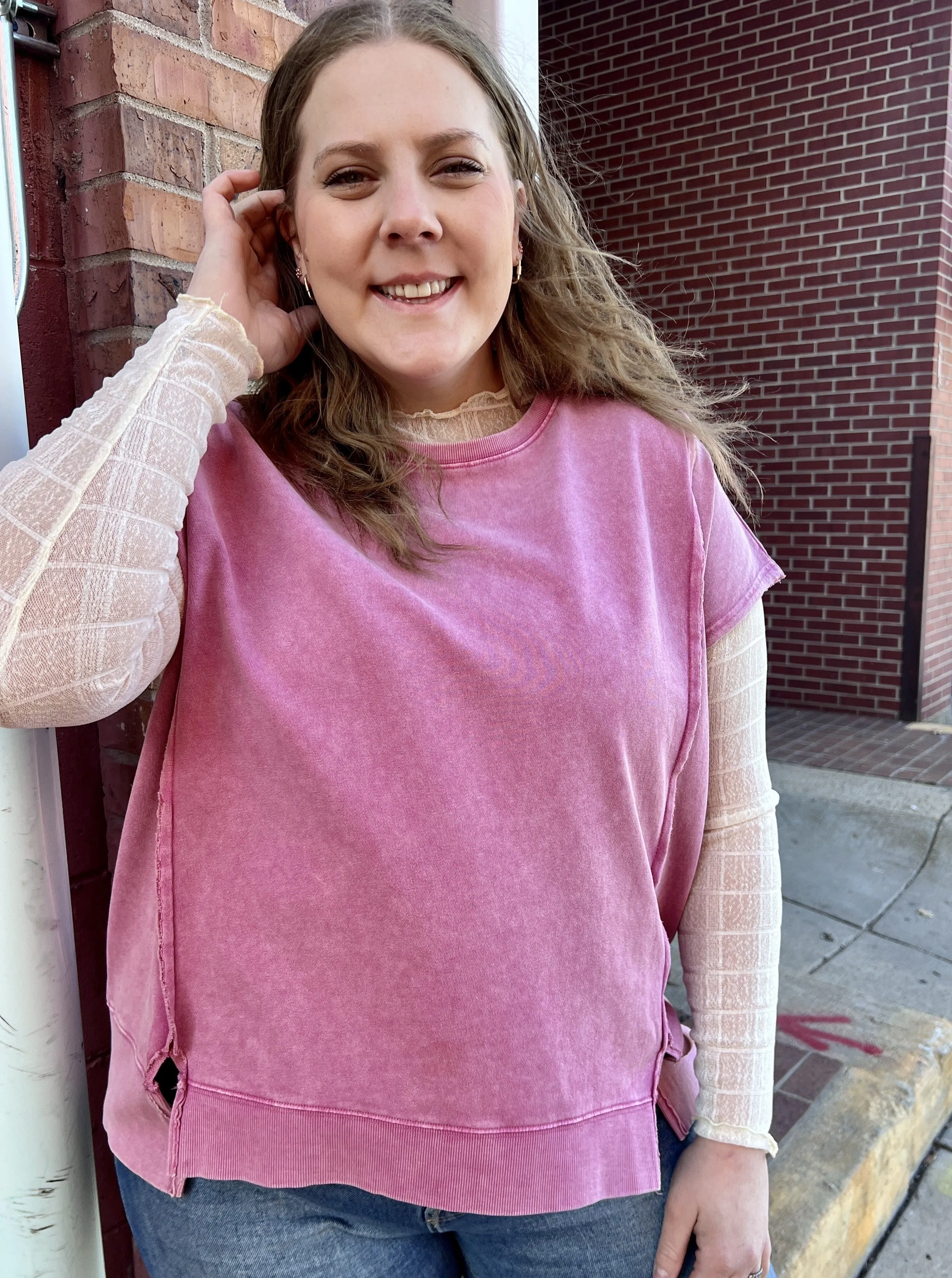 Oversized Mineral Washed Boxy Cut Heavy Knit Short Slv Tee w Side Slits