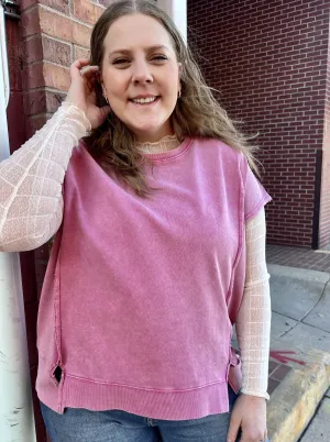 Oversized Mineral Washed Boxy Cut Heavy Knit Short Slv Tee w Side Slits