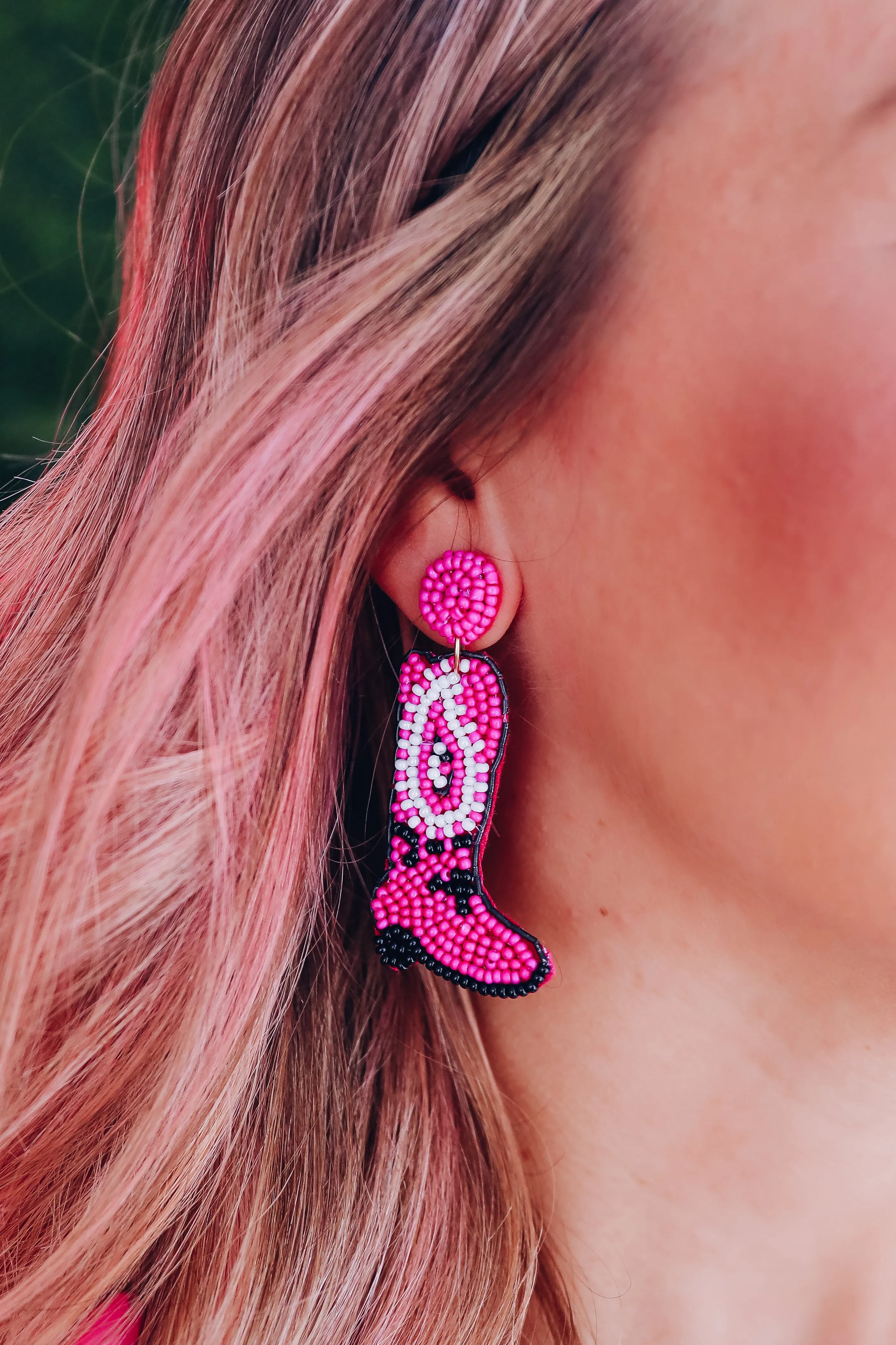 Paisley Detail Beaded Boot Earrings - Pink