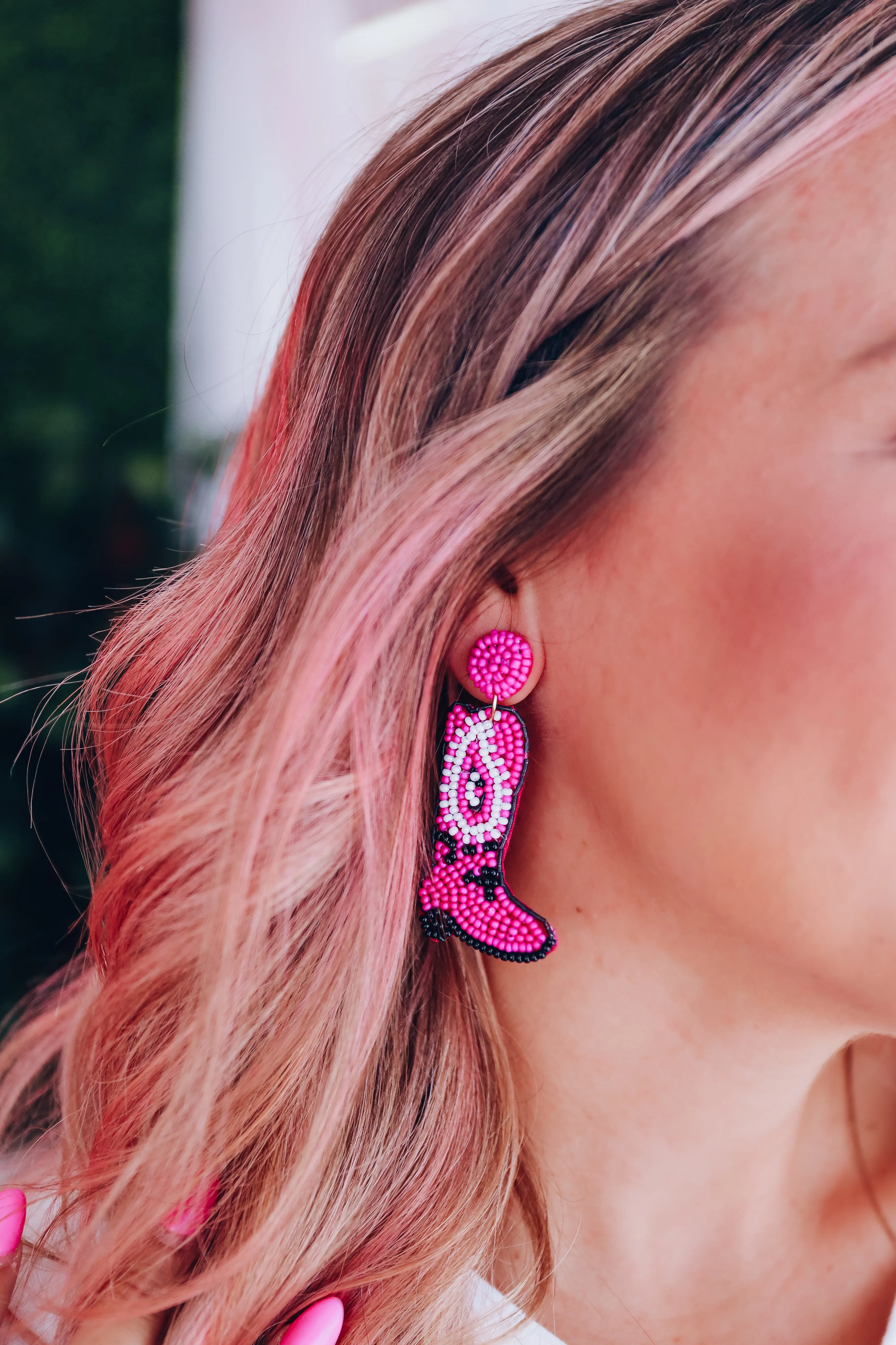 Paisley Detail Beaded Boot Earrings - Pink