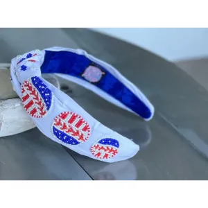 Patriotic Baseball Seed Beaded Top Knot Headband