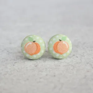 Peach Polka Dot Fabric Covered Button Earrings