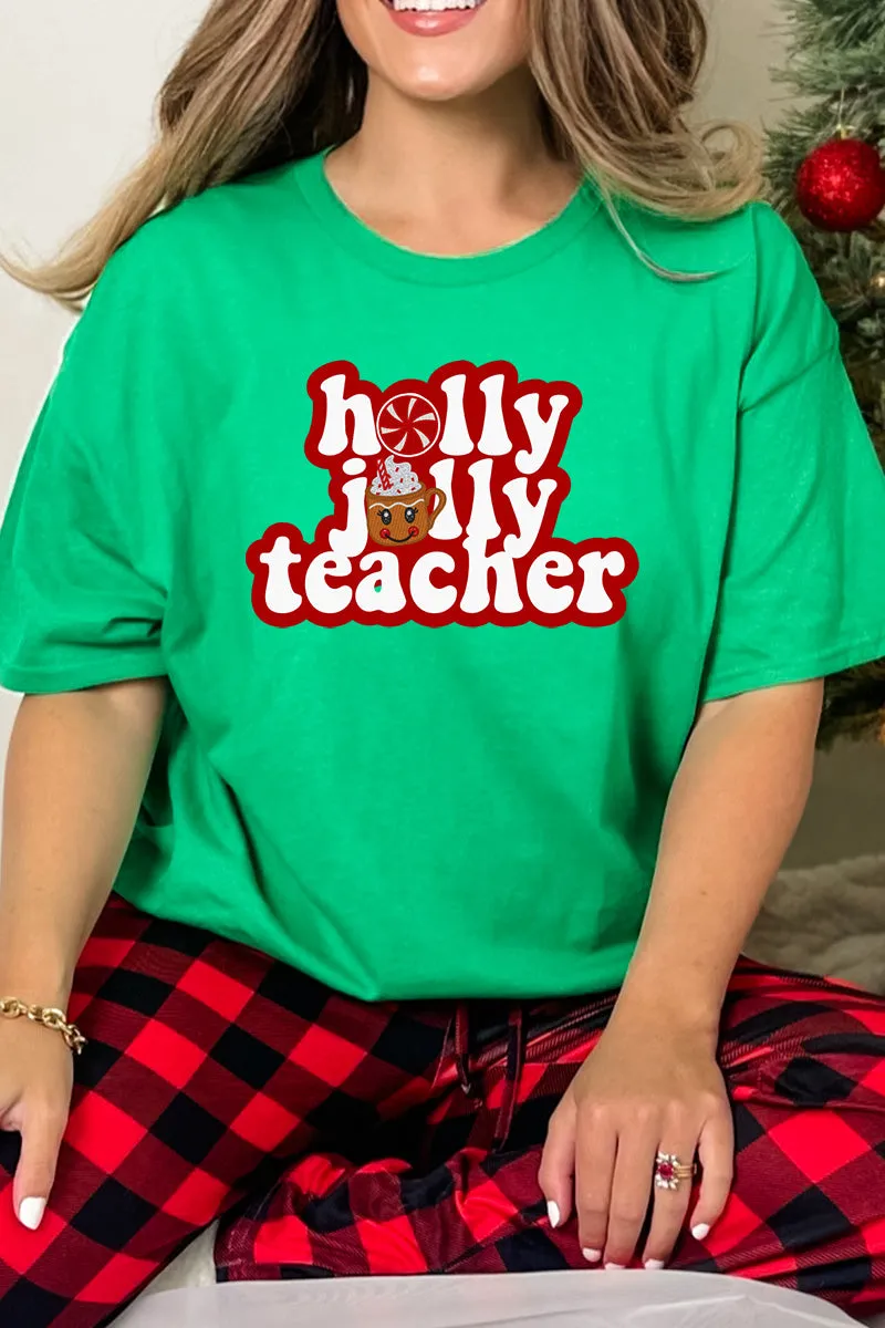 Peppermint Holly Jolly Teacher Short Sleeve Relaxed Fit T-Shirt