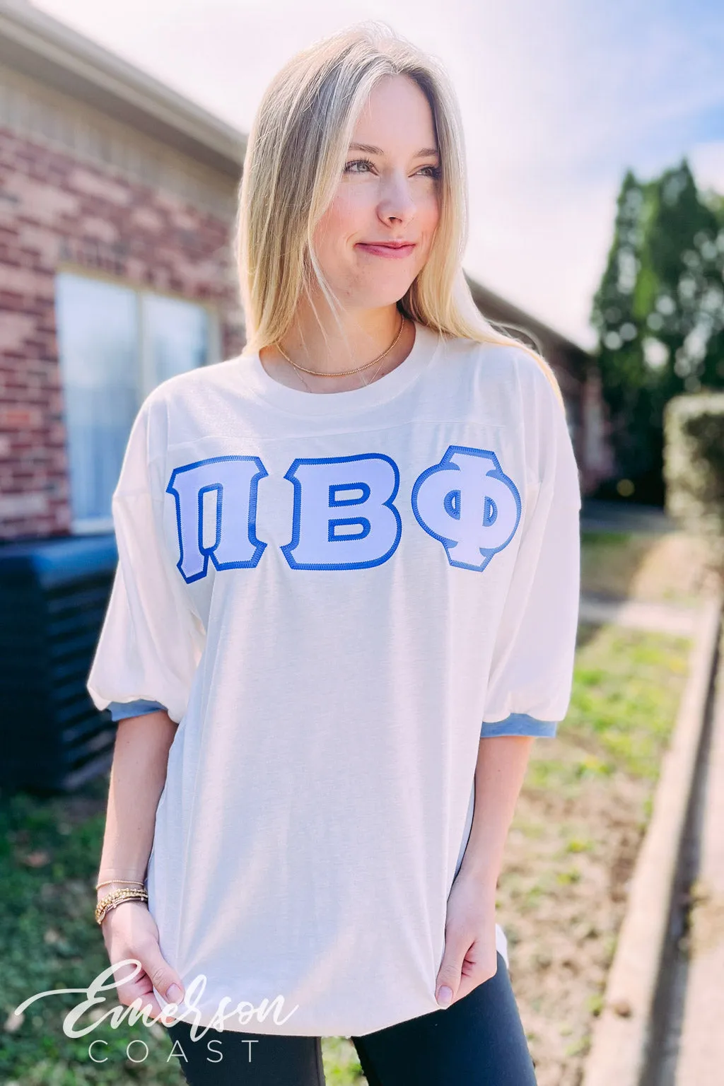 Pi Phi White and Blue Greek Letter Jersey