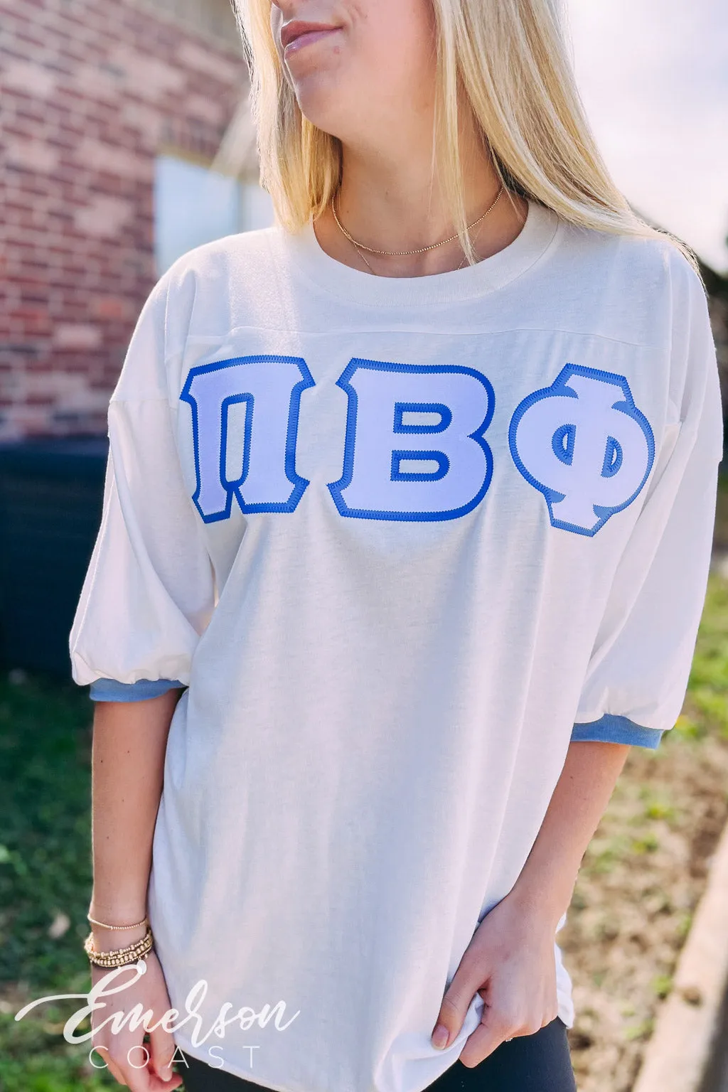 Pi Phi White and Blue Greek Letter Jersey