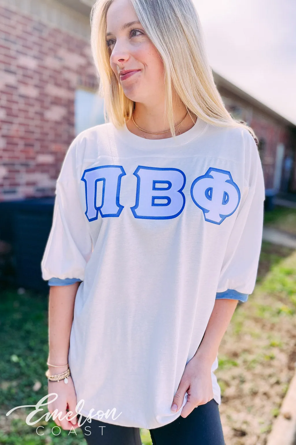 Pi Phi White and Blue Greek Letter Jersey