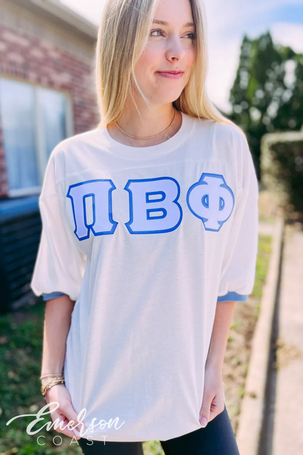 Pi Phi White and Blue Greek Letter Jersey