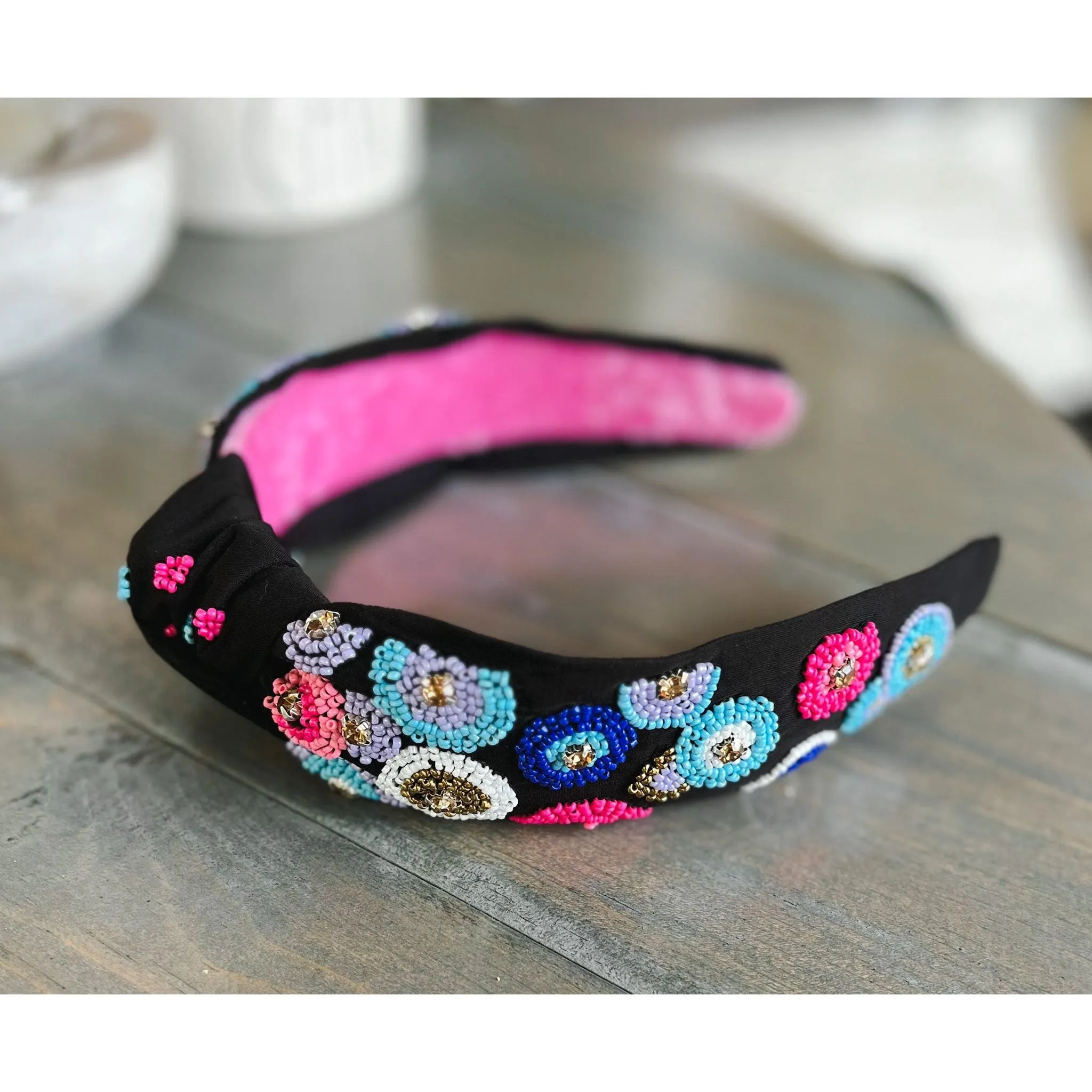 Pink and Blue Embroidered Seed Beaded Top Knot Headband with Rhinestones