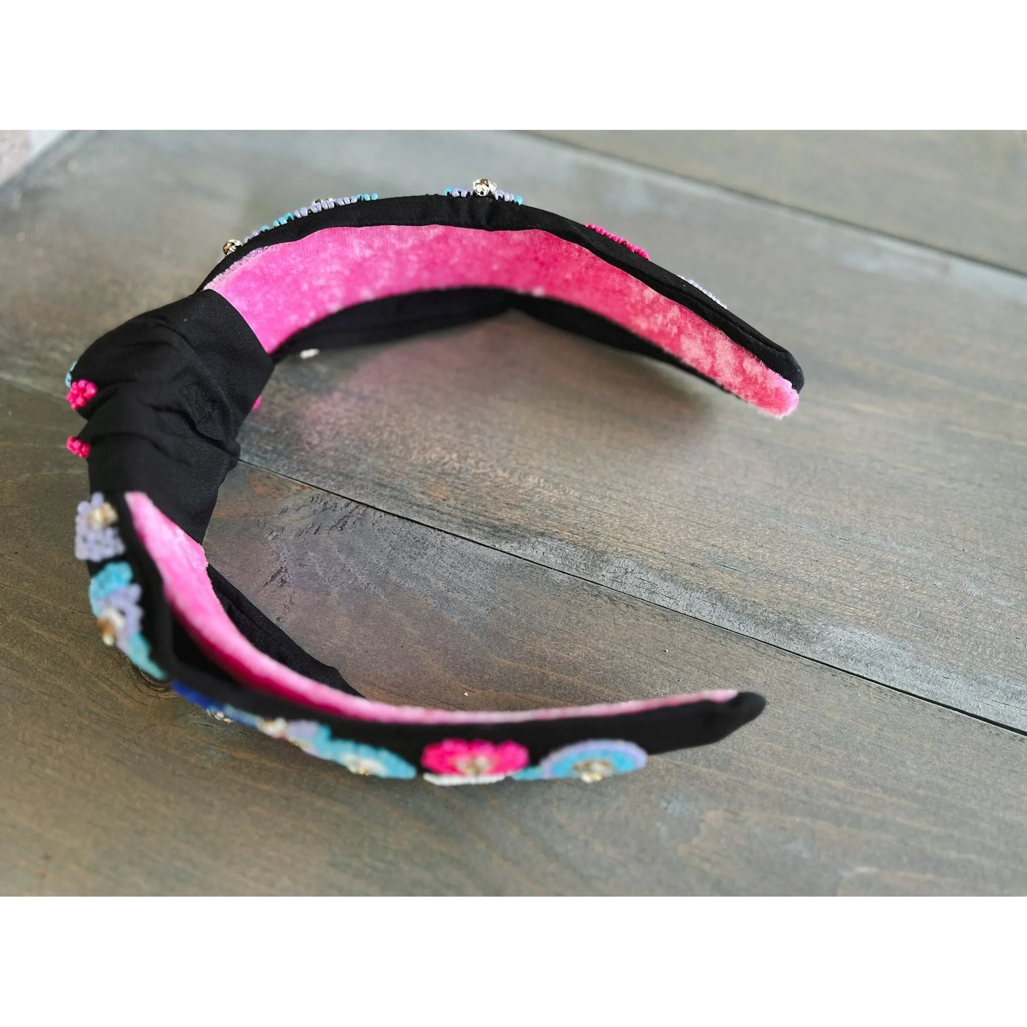 Pink and Blue Embroidered Seed Beaded Top Knot Headband with Rhinestones
