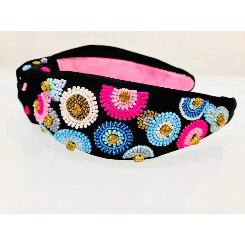 Pink and Blue Embroidered Seed Beaded Top Knot Headband with Rhinestones