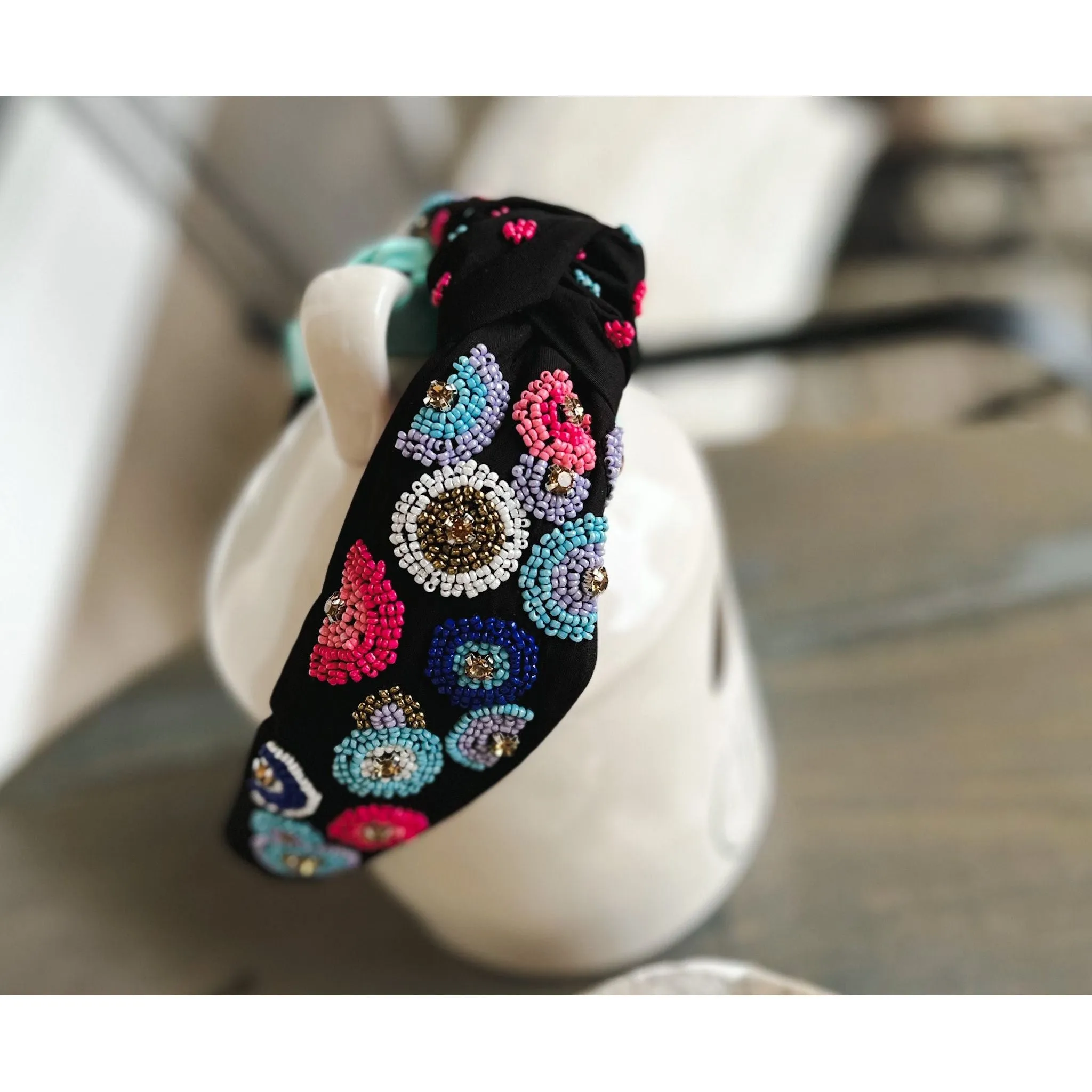 Pink and Blue Embroidered Seed Beaded Top Knot Headband with Rhinestones