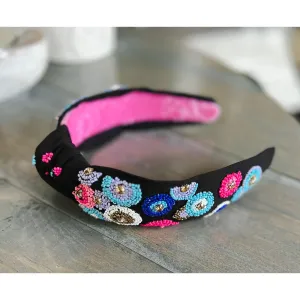 Pink and Blue Embroidered Seed Beaded Top Knot Headband with Rhinestones